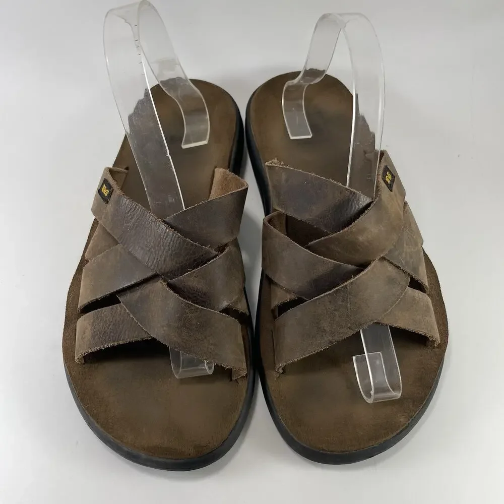 Teva Langdon Slide Mens Size 9 Walnut Brown Leather Crossover Strap Sandals